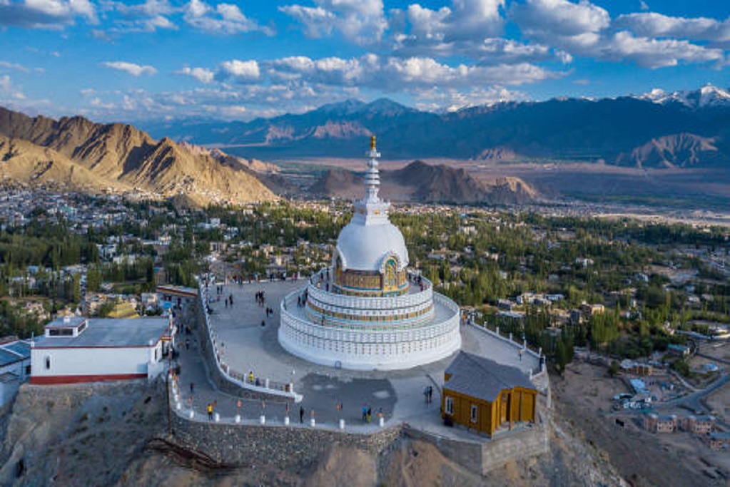 Aerial view Shanti Stupa buddhist white domed stupa overlooks the city of Leh, The stupa is one of the ancient and oldest stupas located in Leh city, Ladakh, Jammu Kashmir, India.