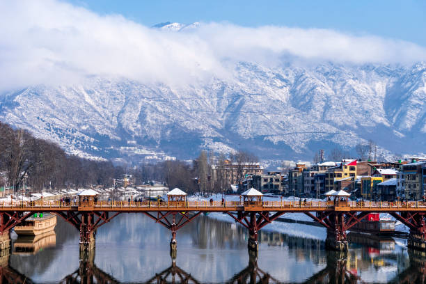 Beautiful scenery of Zero bridge with Himalaya mountain covered with snow in the background.